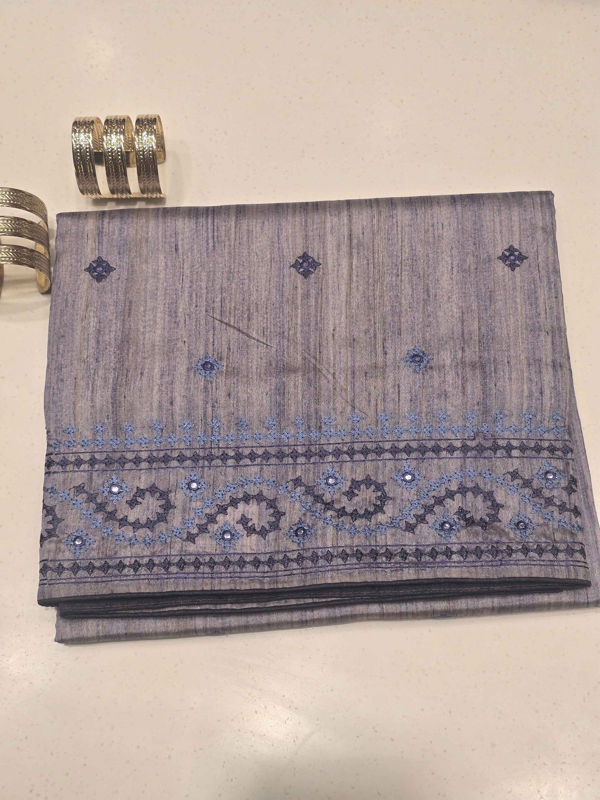 Tussar Silk Saree with Mirror Work Embroidery