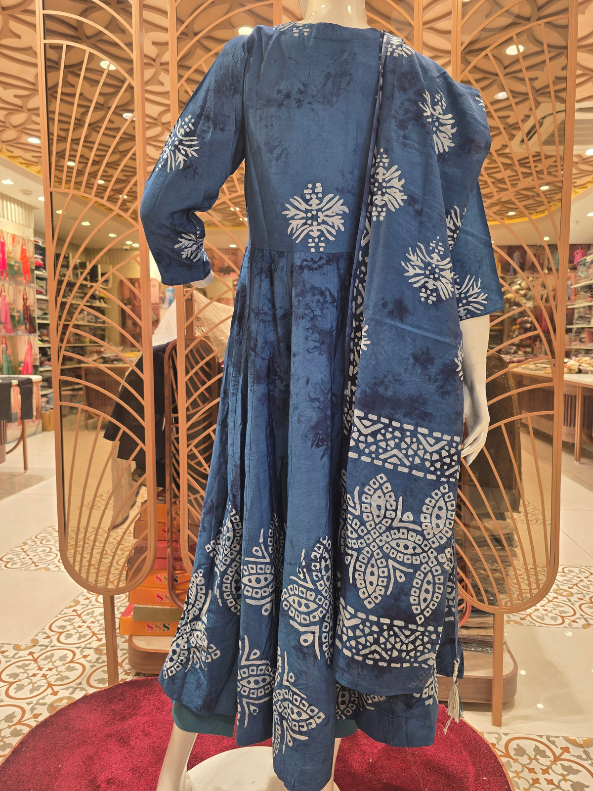 Denim Blue Semi Cotton Anarkali Kurti Set for Women with White Printed Design and Classic Round Neck
