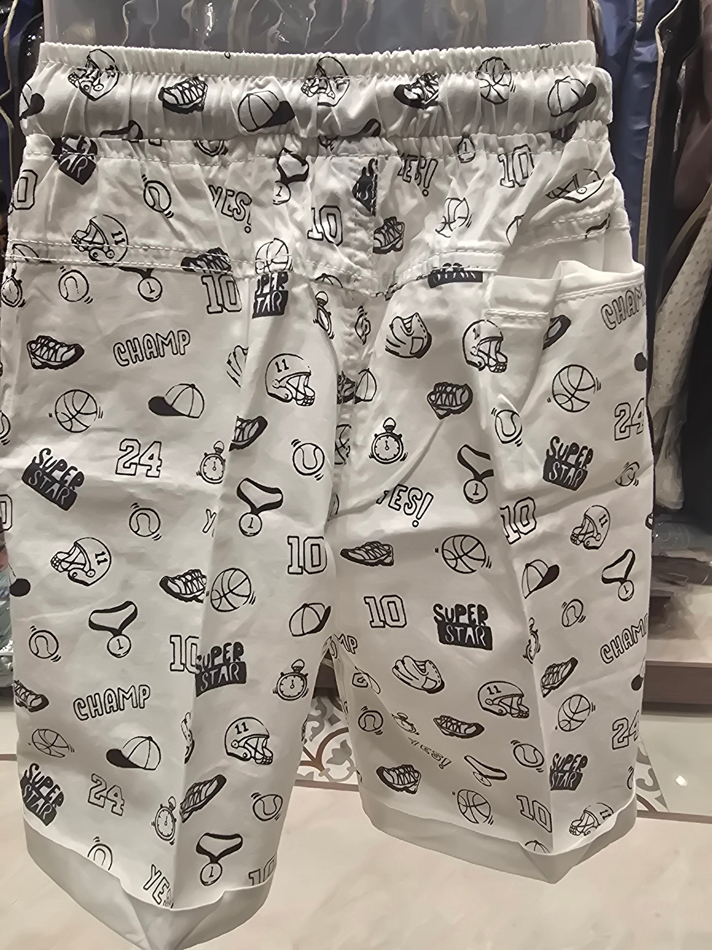 White Cotton Shorts for Boys with Black Printed Design, Round Elastic Waistband, Pockets and Adjustable Tie