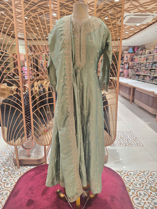 Silk mix Material pista green color Anarkali full sleeve kurta set