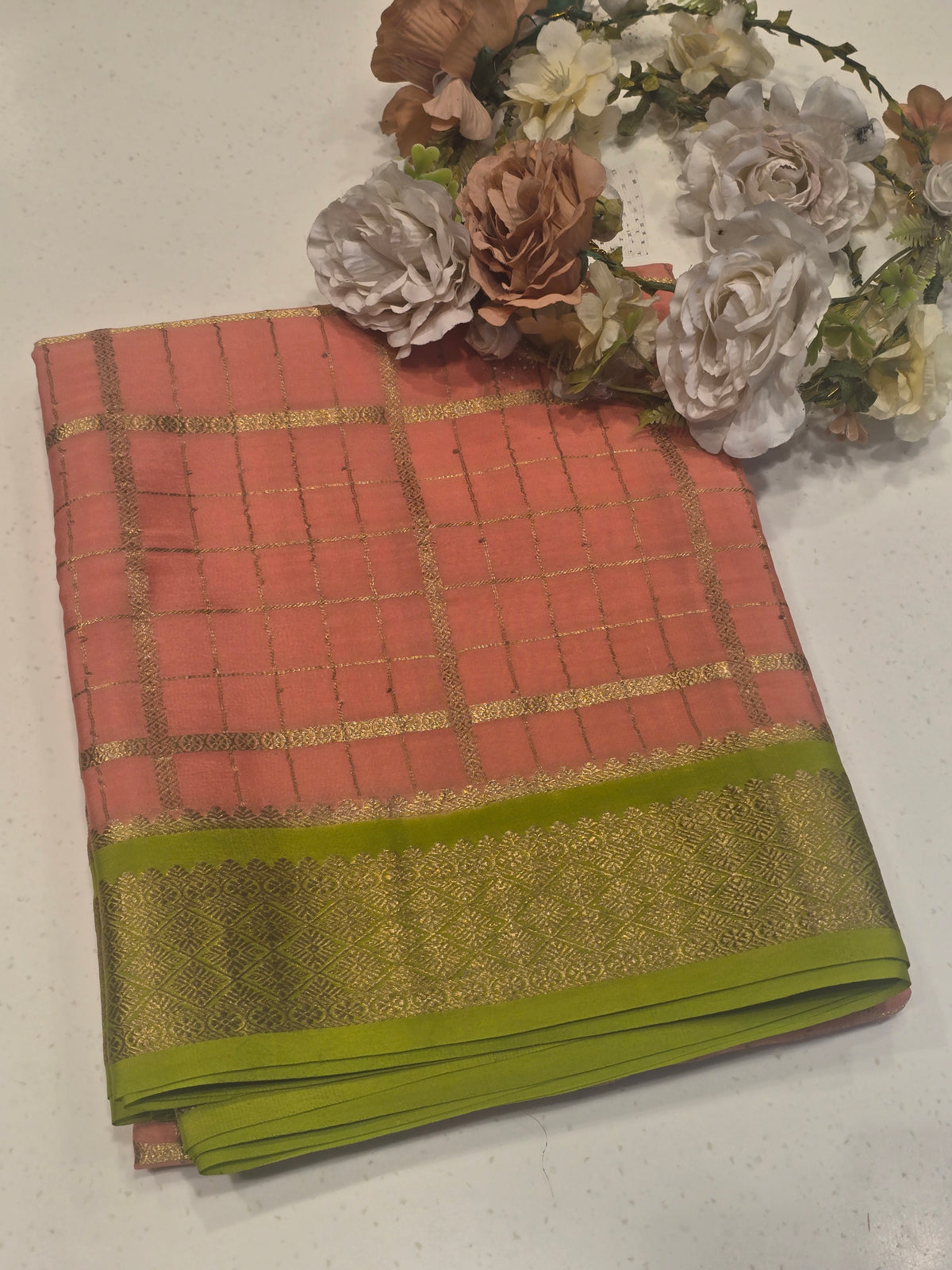 Pure Mysore Crepe Silk Saree in Peach with Contrast Neon Green Border, Pallu & Rectangular Checks