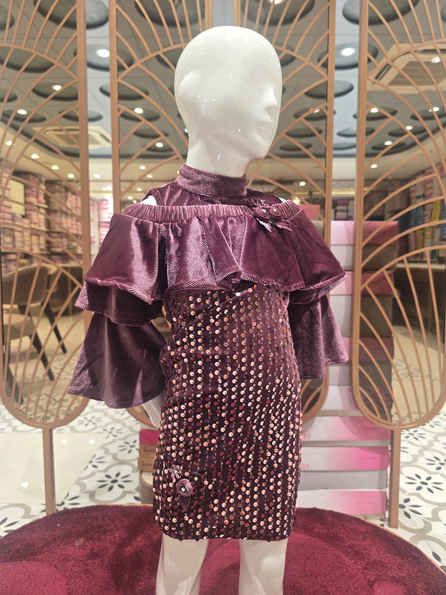 Girls Wine Velvet Sequin Party Wear Bodycon Dress