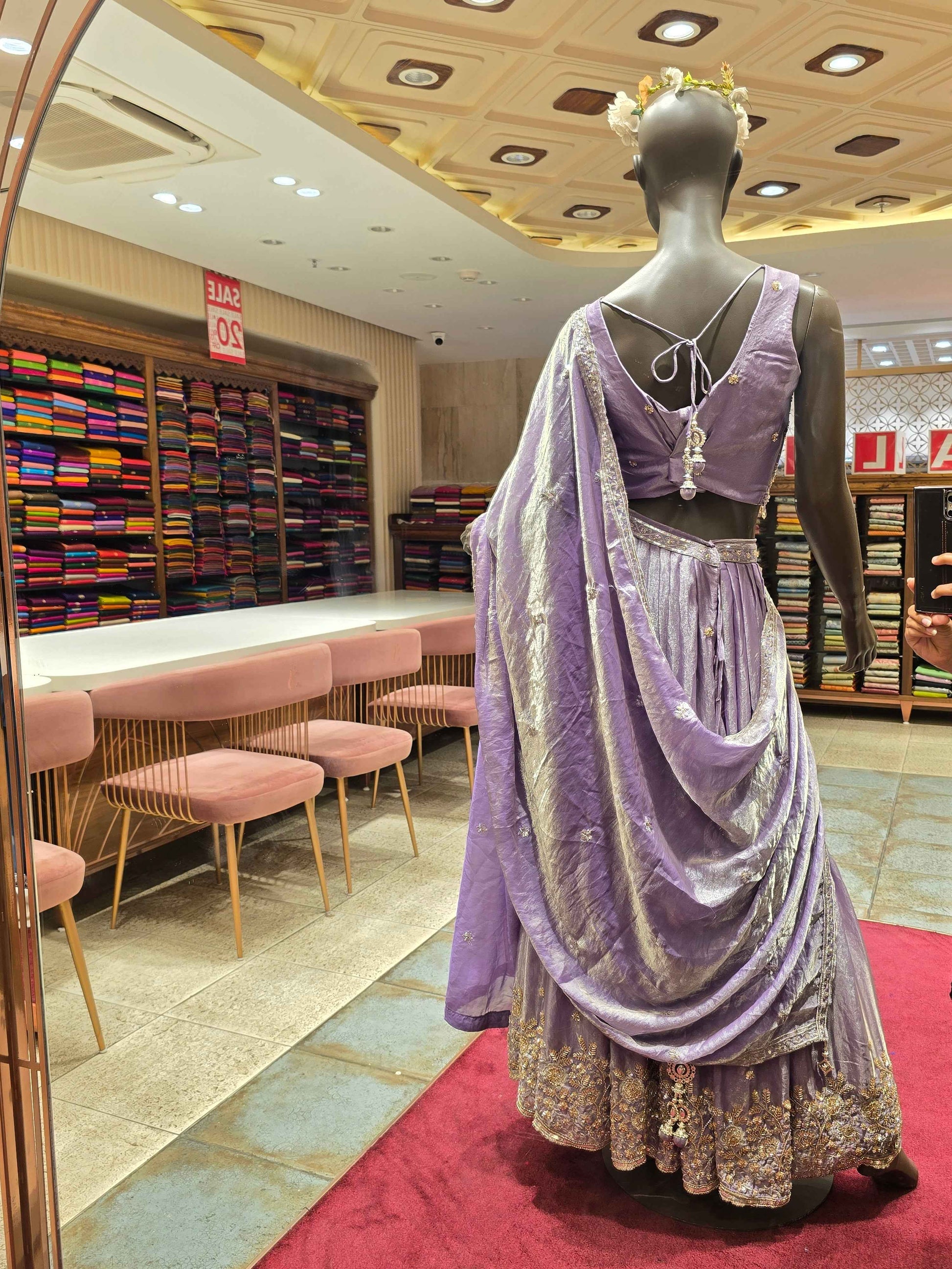 Lavender Tissue Silk Lehenga Choli with Gold Zari and Sequin Hand Embroidery