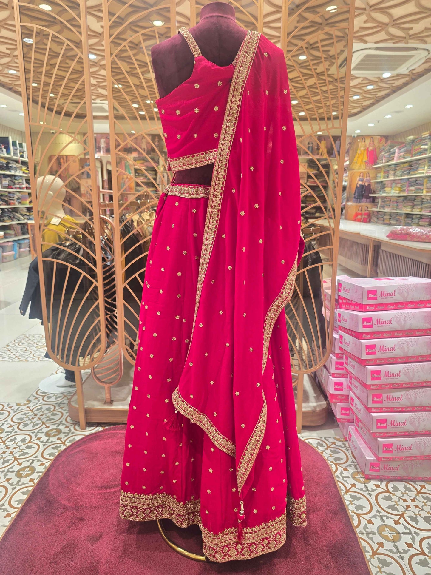 Women Rani Pink Crepe Lehenga Set