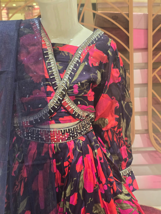 Girl Blue Floral Chiffon Ghagra Choli Set