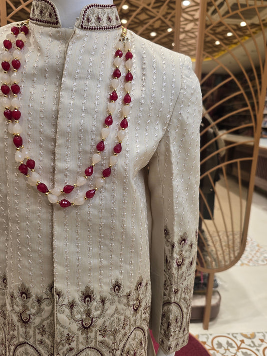 Cream Color Jakhad Fabric Indo-Western Set with Multi-Colored Embroidery & Dual-Tone Maala – Traditional Festive Wear