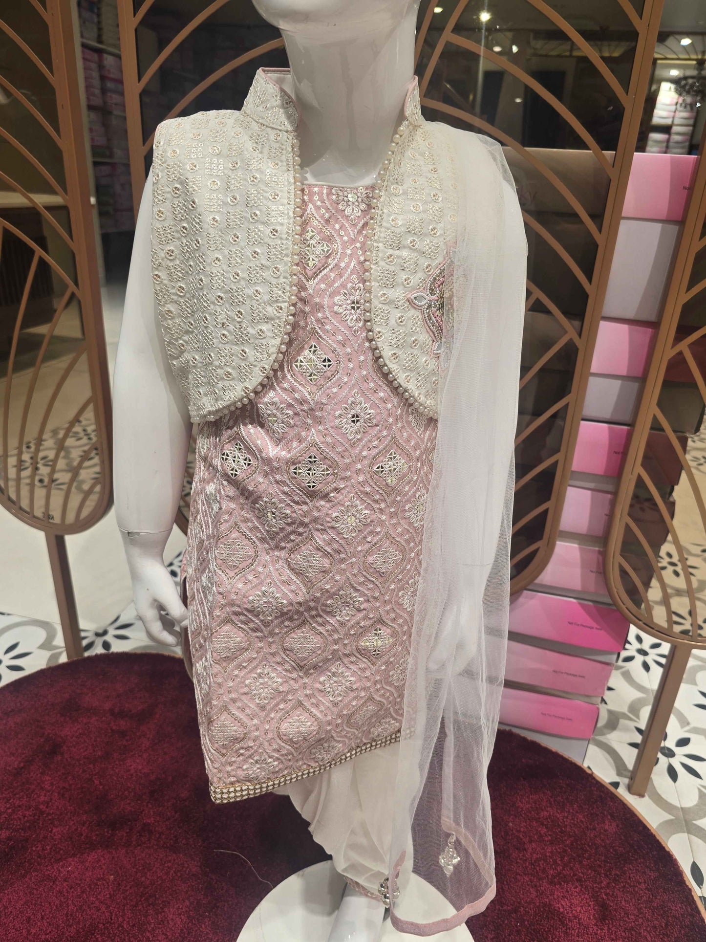 Sequin material baby pink color Patiala set with jacket