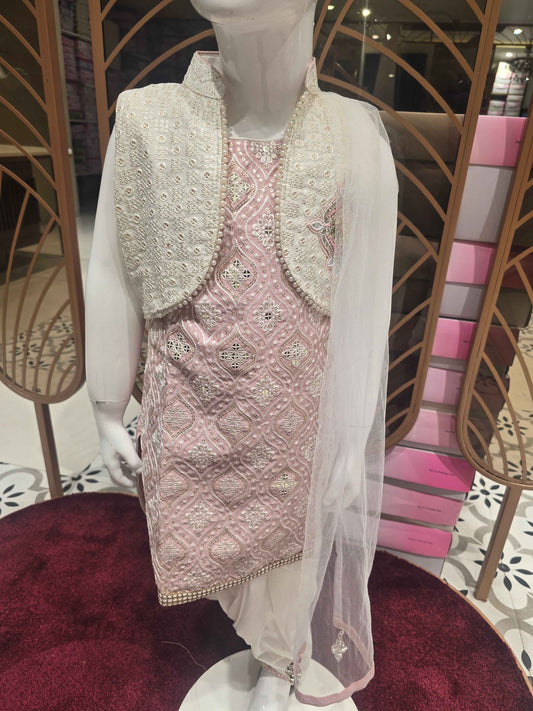Sequin material baby pink color Patiala set with jacket