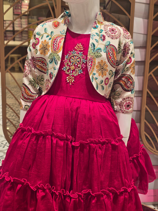 Girls Cherry Red Crepe Short Frock with Printed Open Jacket