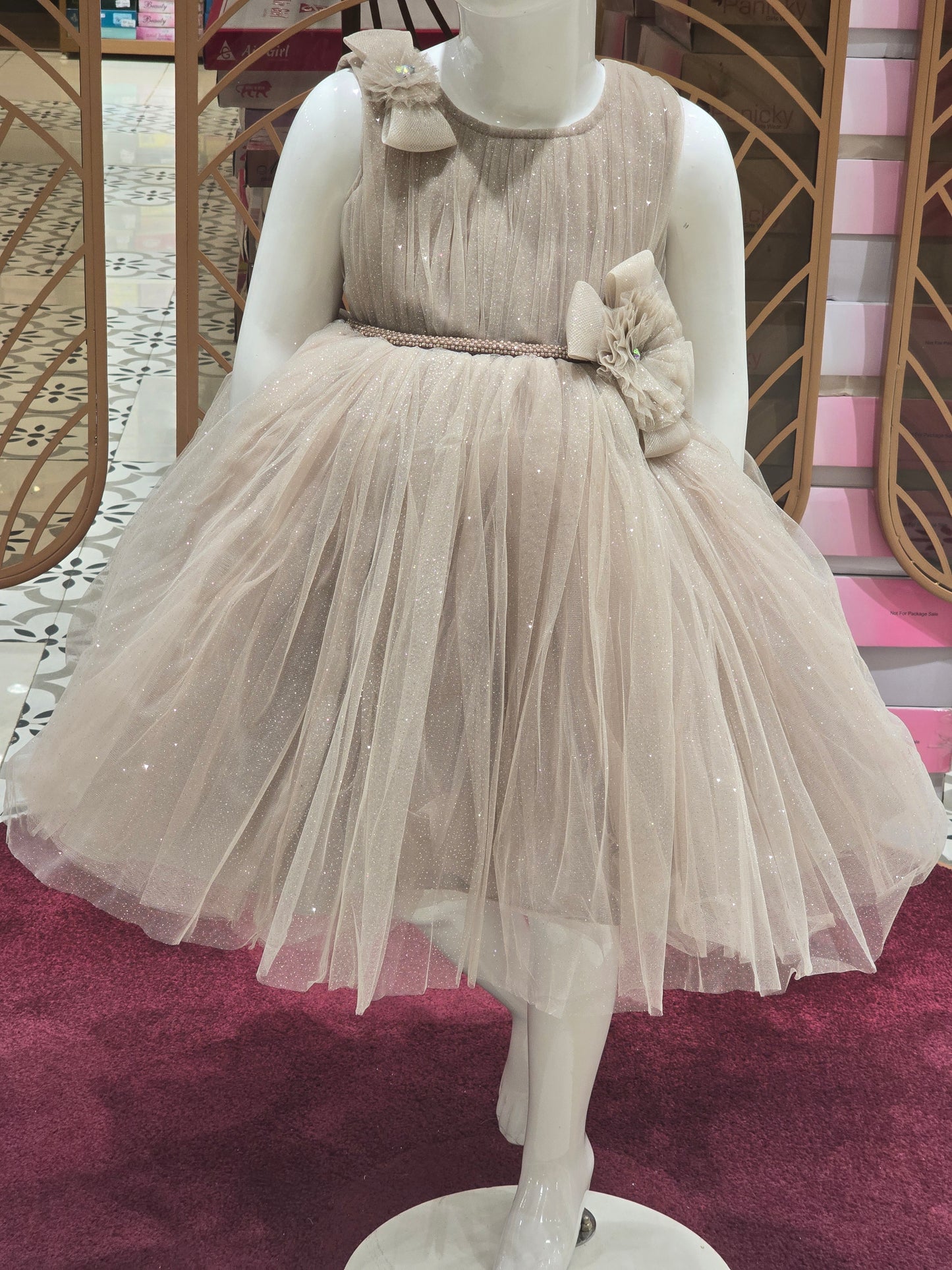 Girl Chikoo Glitter Knitted Party Wear Short Frock