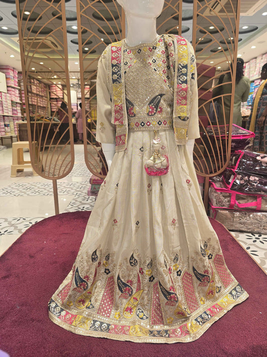 Shimmer material cream colour ethnic wear gaghra with multi colour embroidery, sequence & thread work with ladkans and jacket