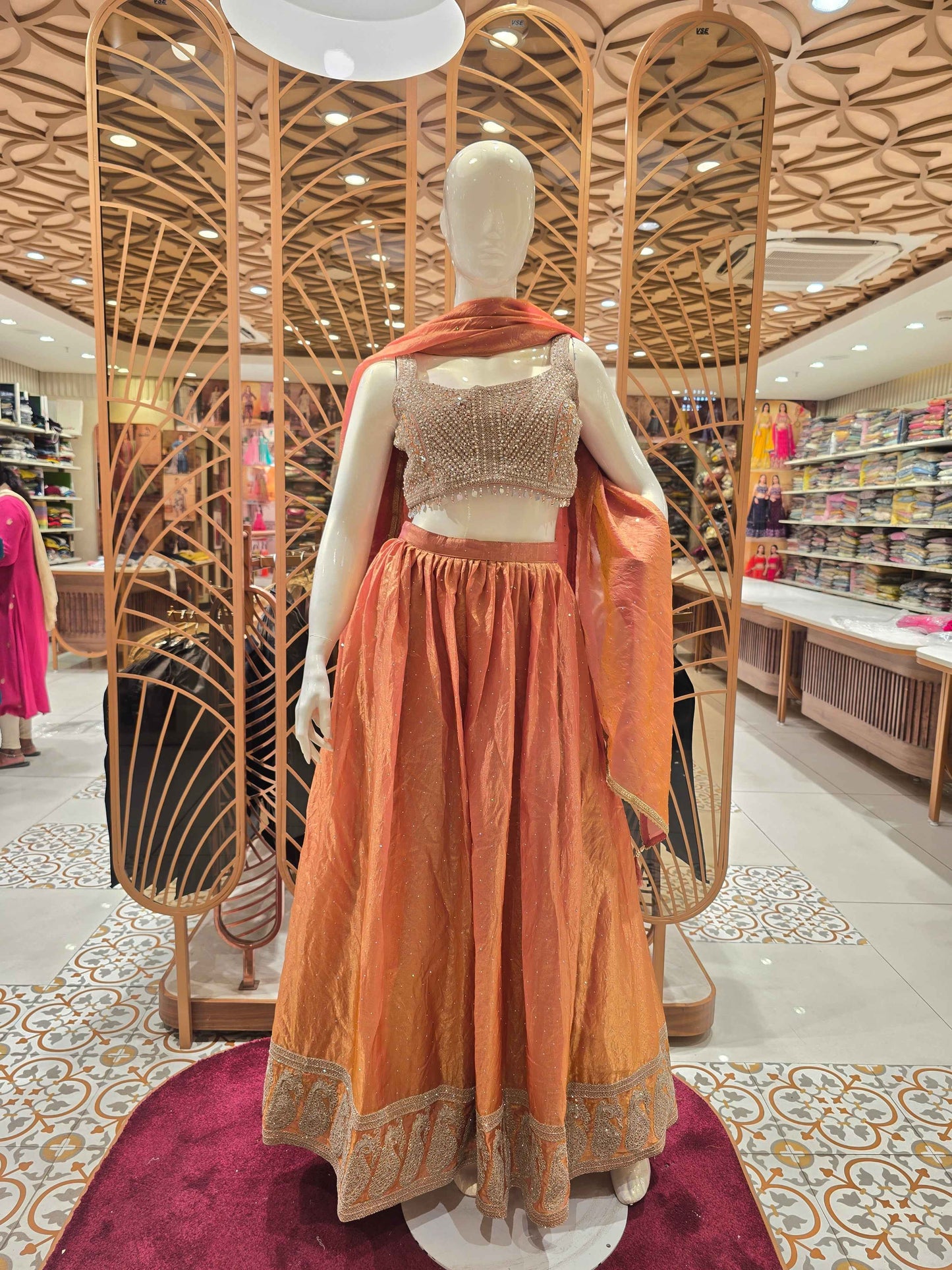 Tissue Material dual shade lehenga with handwork on top and speghetti