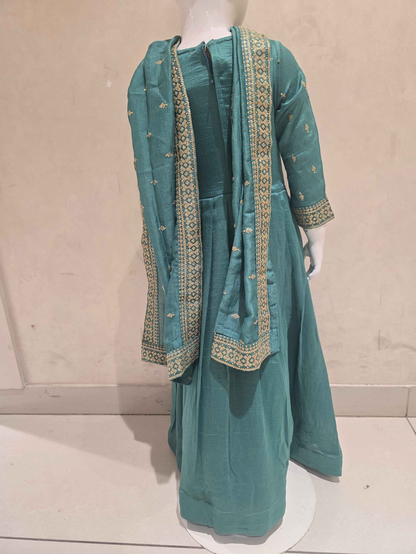 Crepe material sea green colour anarkali Kurti set with zari butta