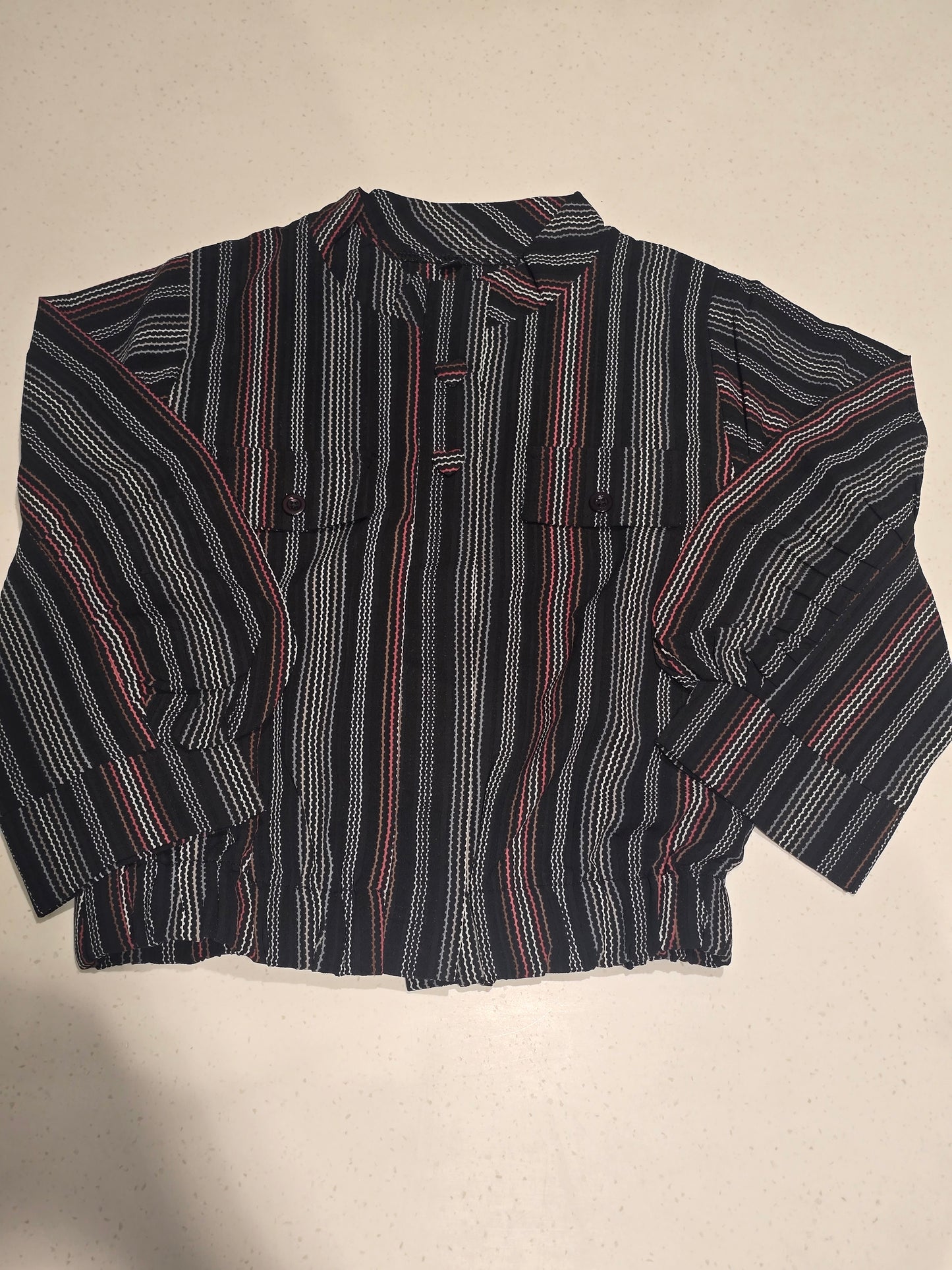 girls' casual striped oversized pullover top featuring a henley-style collar button placket