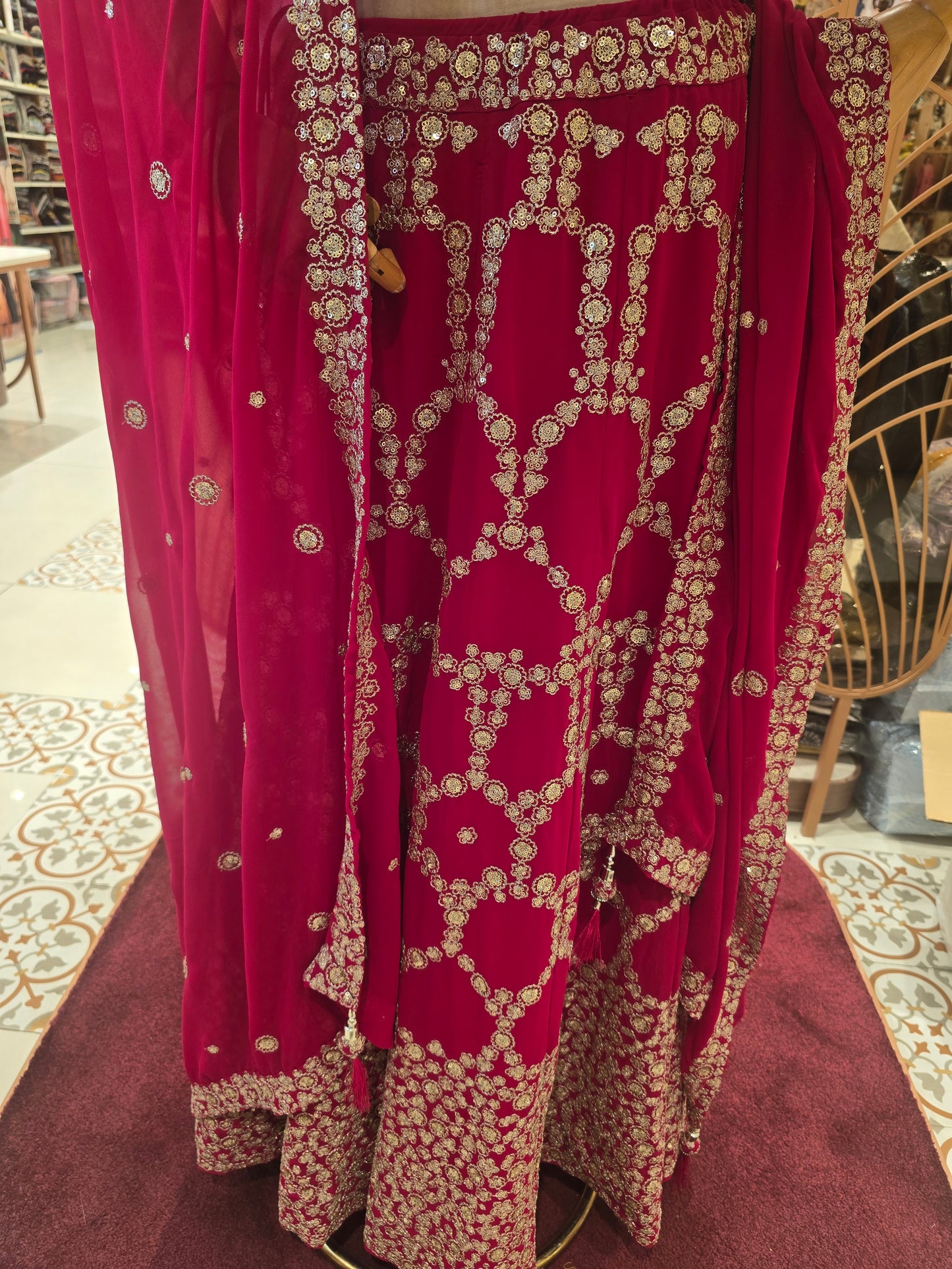 Bridal Georgette Lehenga – Pink Shade with Heavy Sequins Work, Round-Neck Blouse & Matching Dupatta