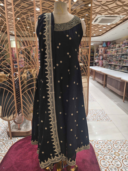 Crepe material elegant black color  with zari embroidery anarkali