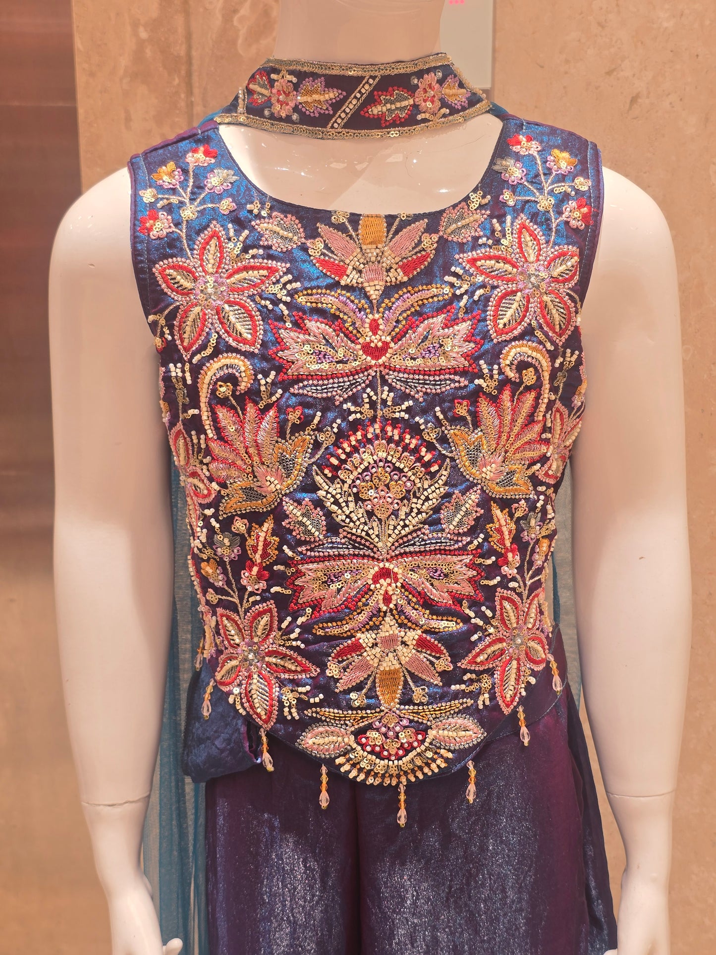 Tissue Material peacock blue colour sharara set for girl