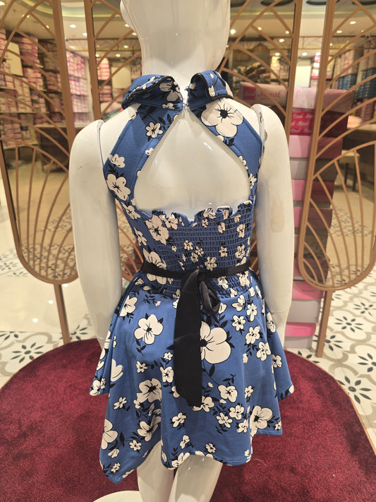 Girls Blue White Hosiery Western Frock