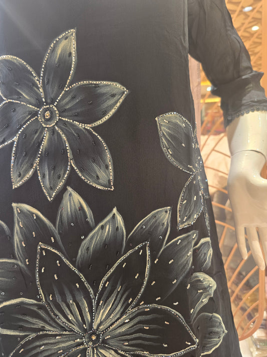 Women’s Pure Georgette Coat Set in Black with Position Floral Handwork Print, ¾th Sleeves and Dual Shade Printed Dupatta for Daily Wear