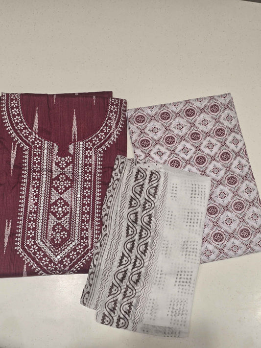Women Maroon Semi Cotton Embroidered Dress Material