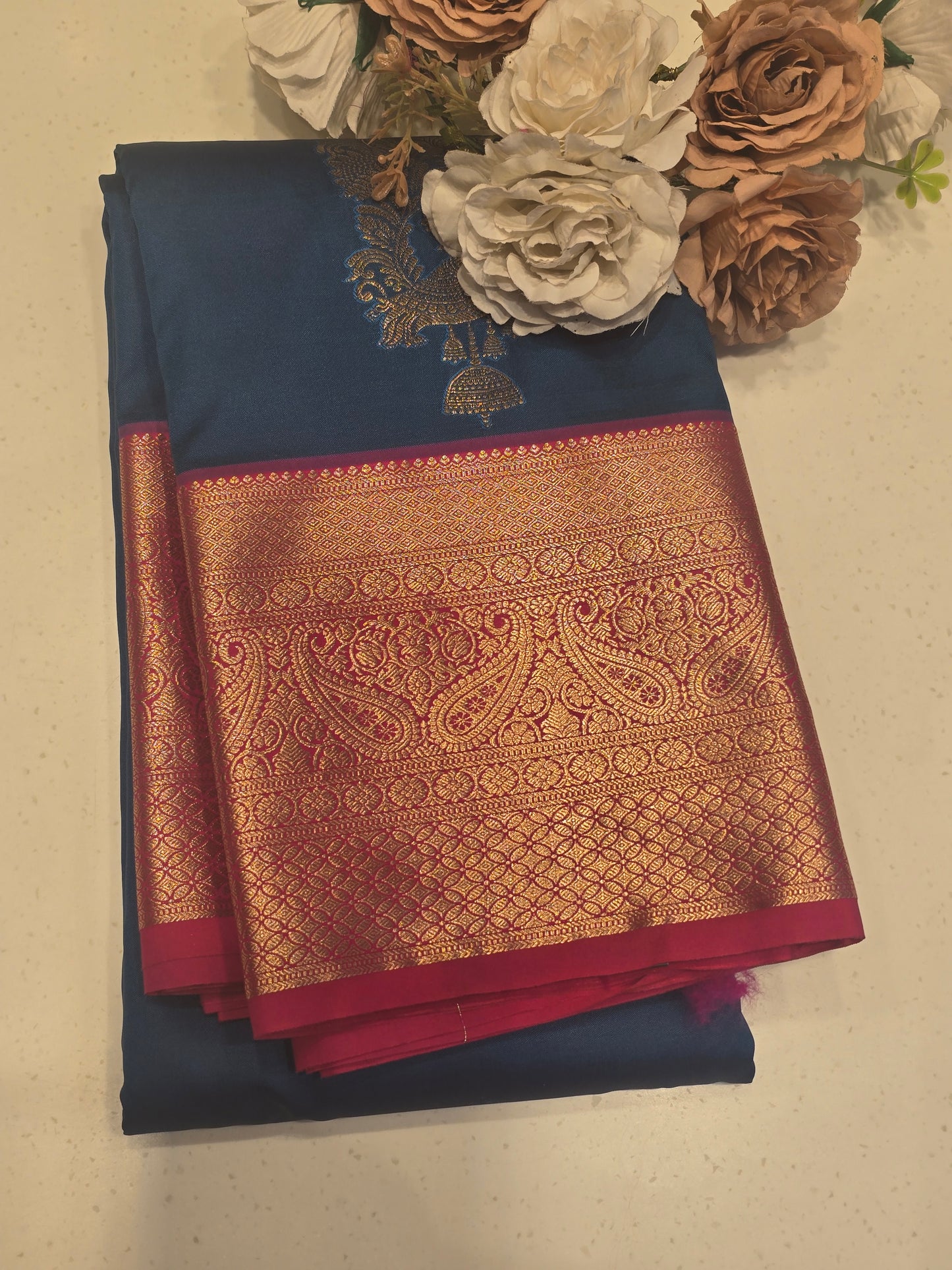 Women Peacock Jhumka Semi Kanjivaram Silk Saree