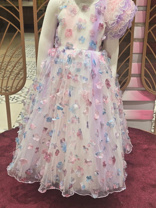 Girl White Floral Cut Knitted Birthday Gown