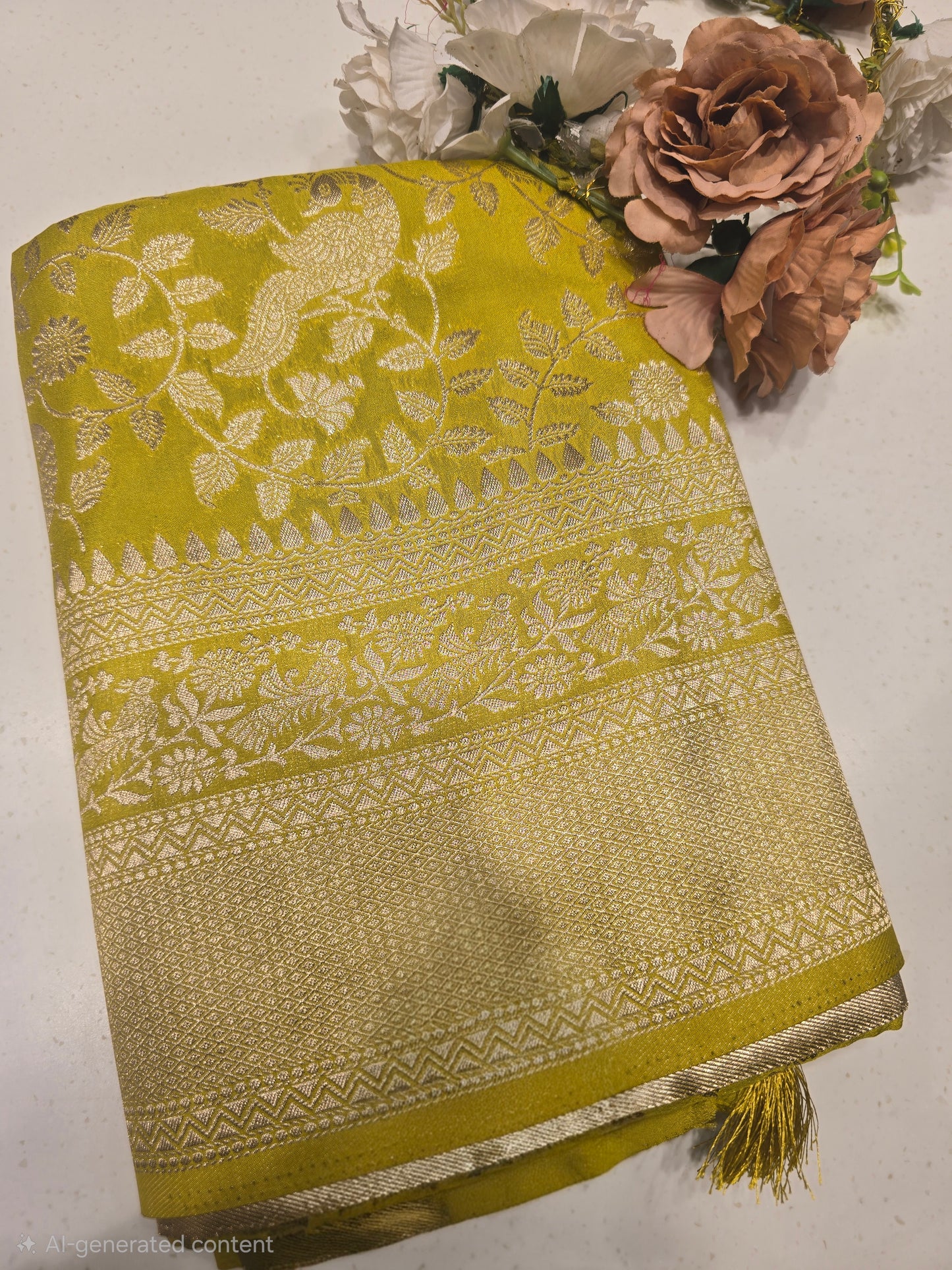 Semi Banarasi Silk Saree with Floral & Peacock Design and Fancy Zari Border | Festive Wear Saree for Women