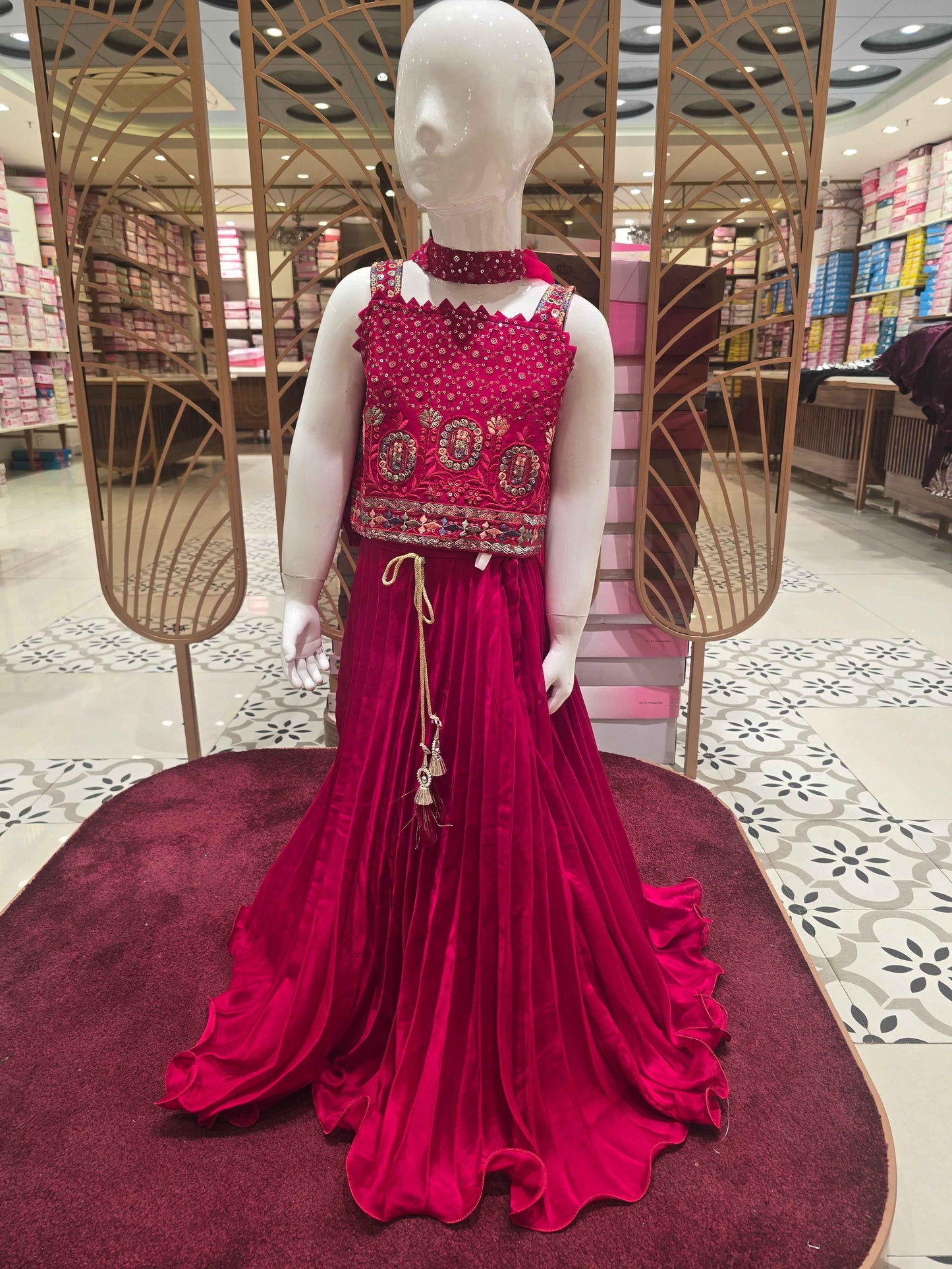 Chiffon georgette Cherry red coloured party wear gaghra with sequence work and zigzag neck. Speghetti sleeves