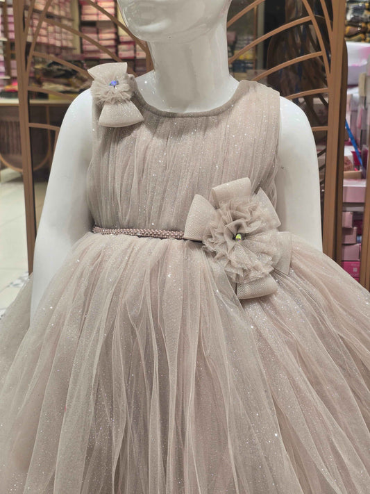Shimmer Knitted material fawn colour party wear frock with two bow round neck
