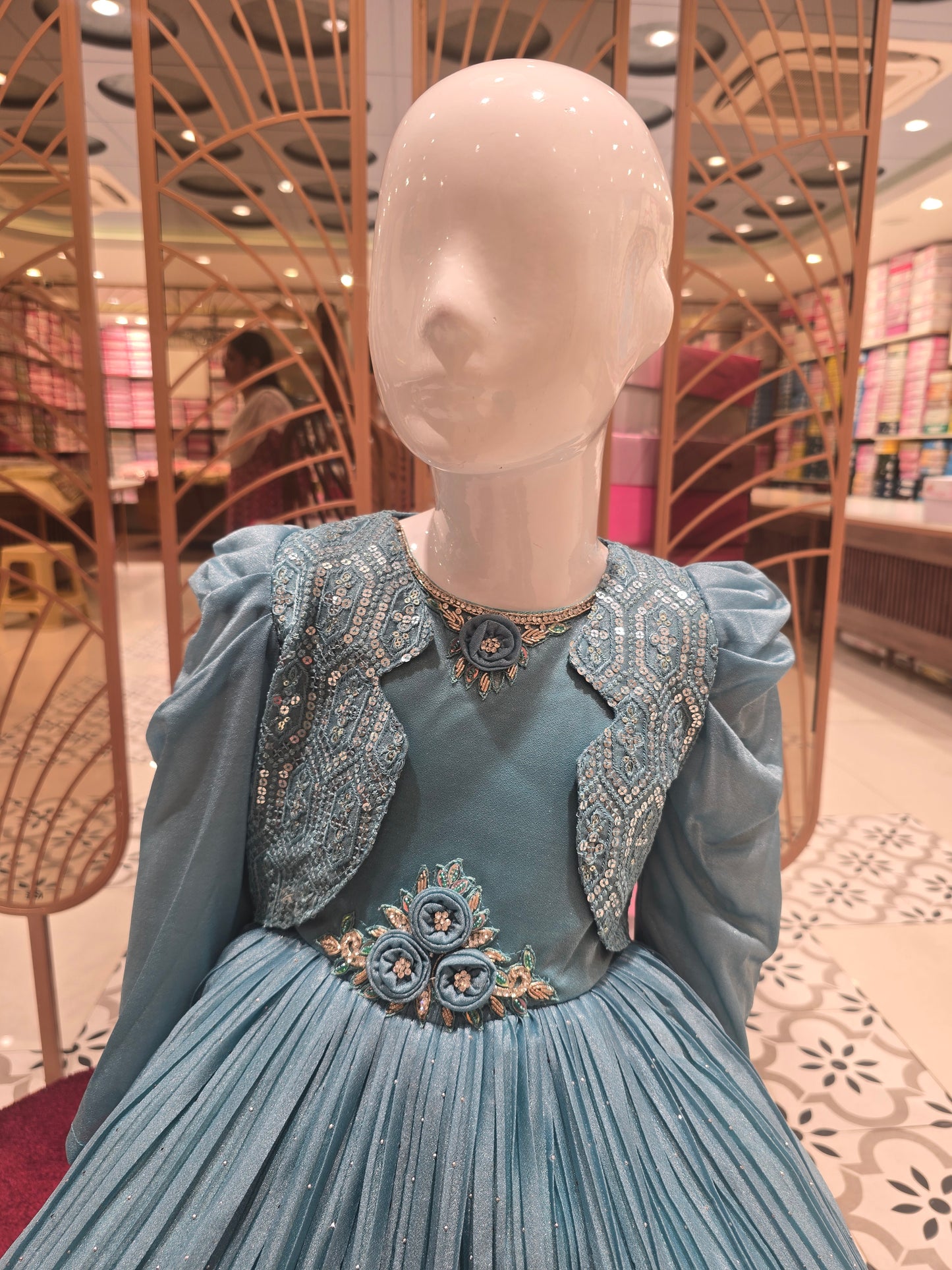 Girl Sky Blue Organza Satin Party Short Frock