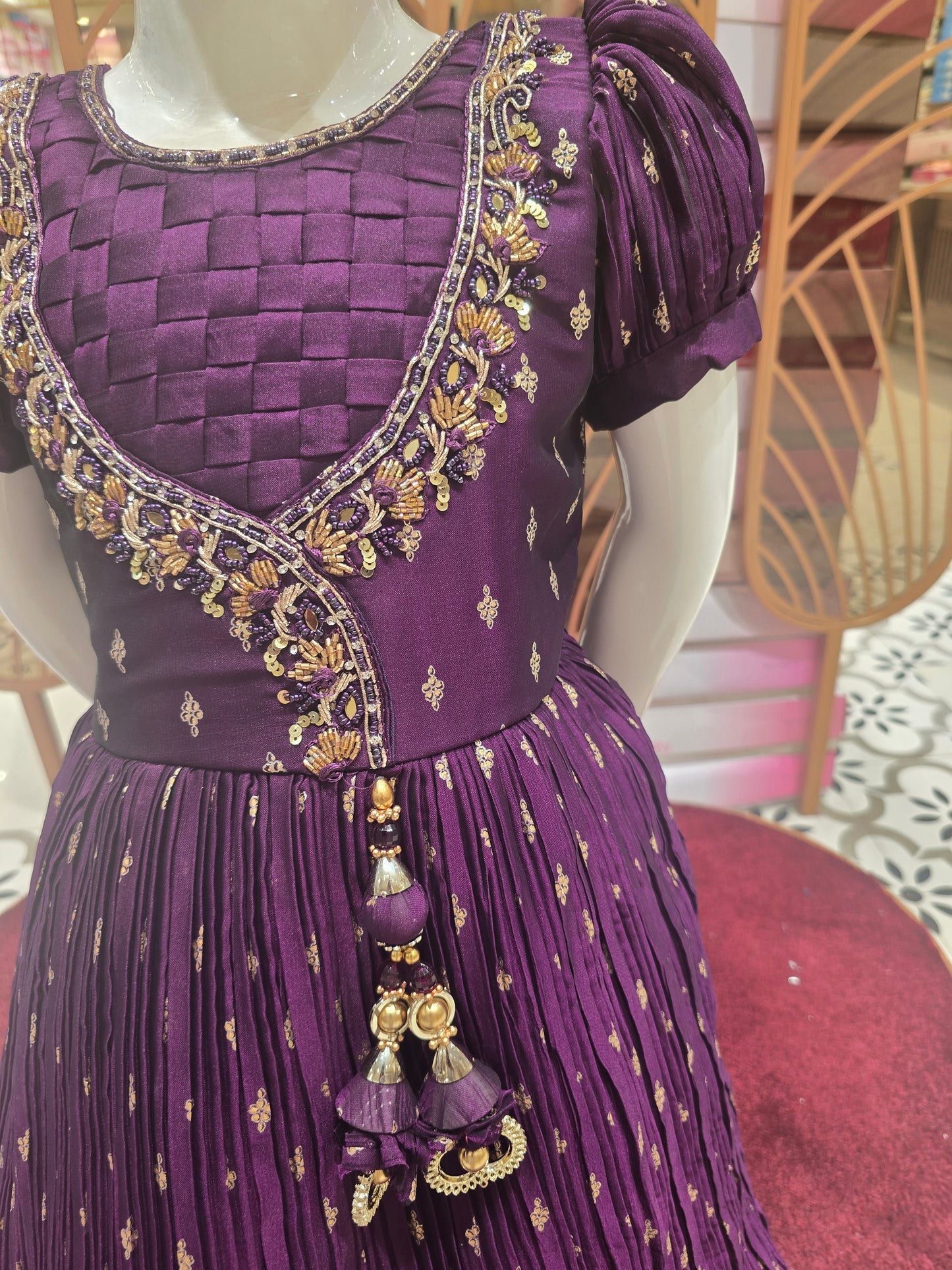 Wine Colored Crepe Silk Traditional Gown with Buf Sleeves, Ladkhan Waist & Hand-Work Round Neck Design – Girls (Age 5, Size 24)