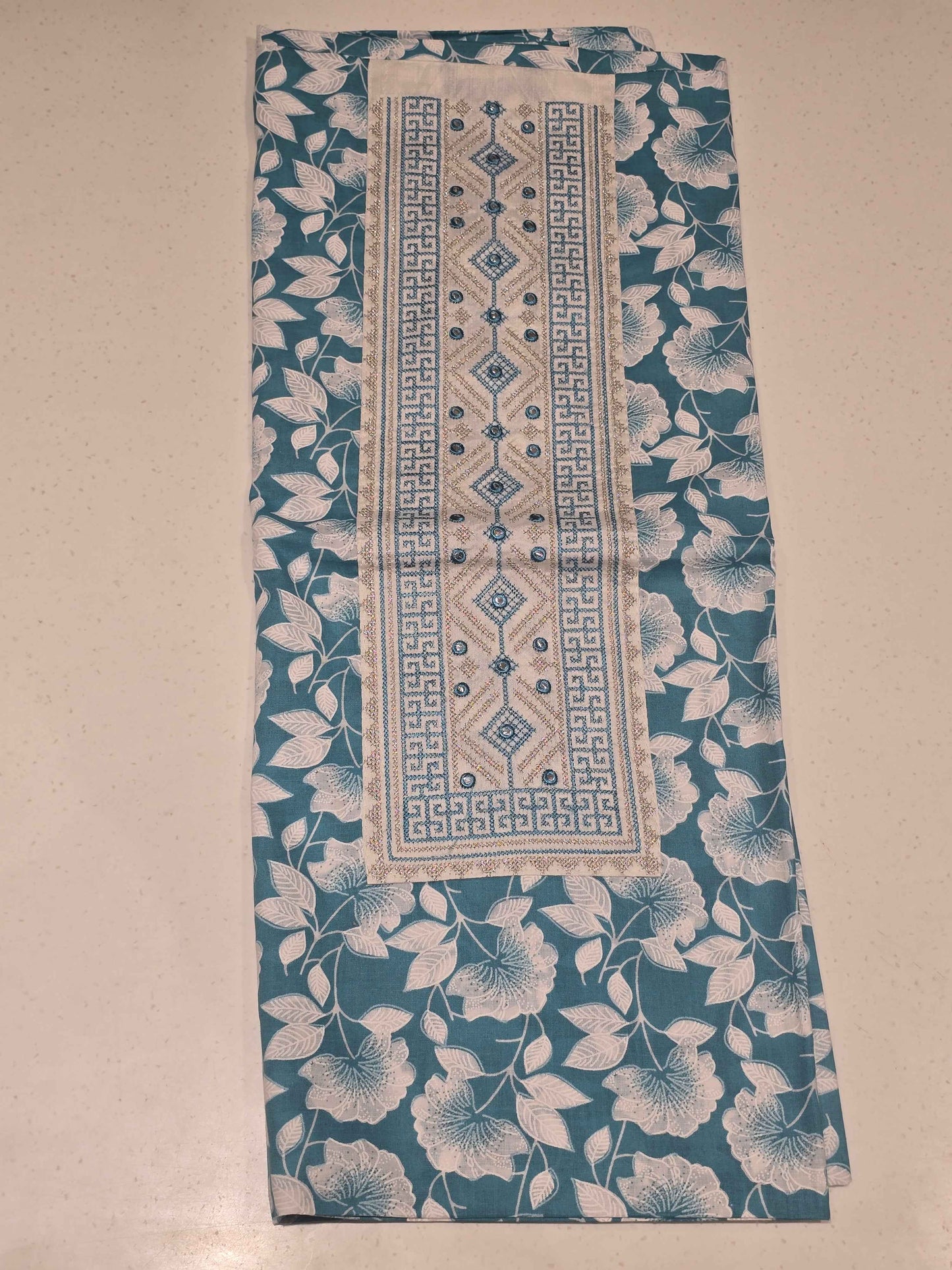 Women Blue White Semi Cotton Dress Material Set