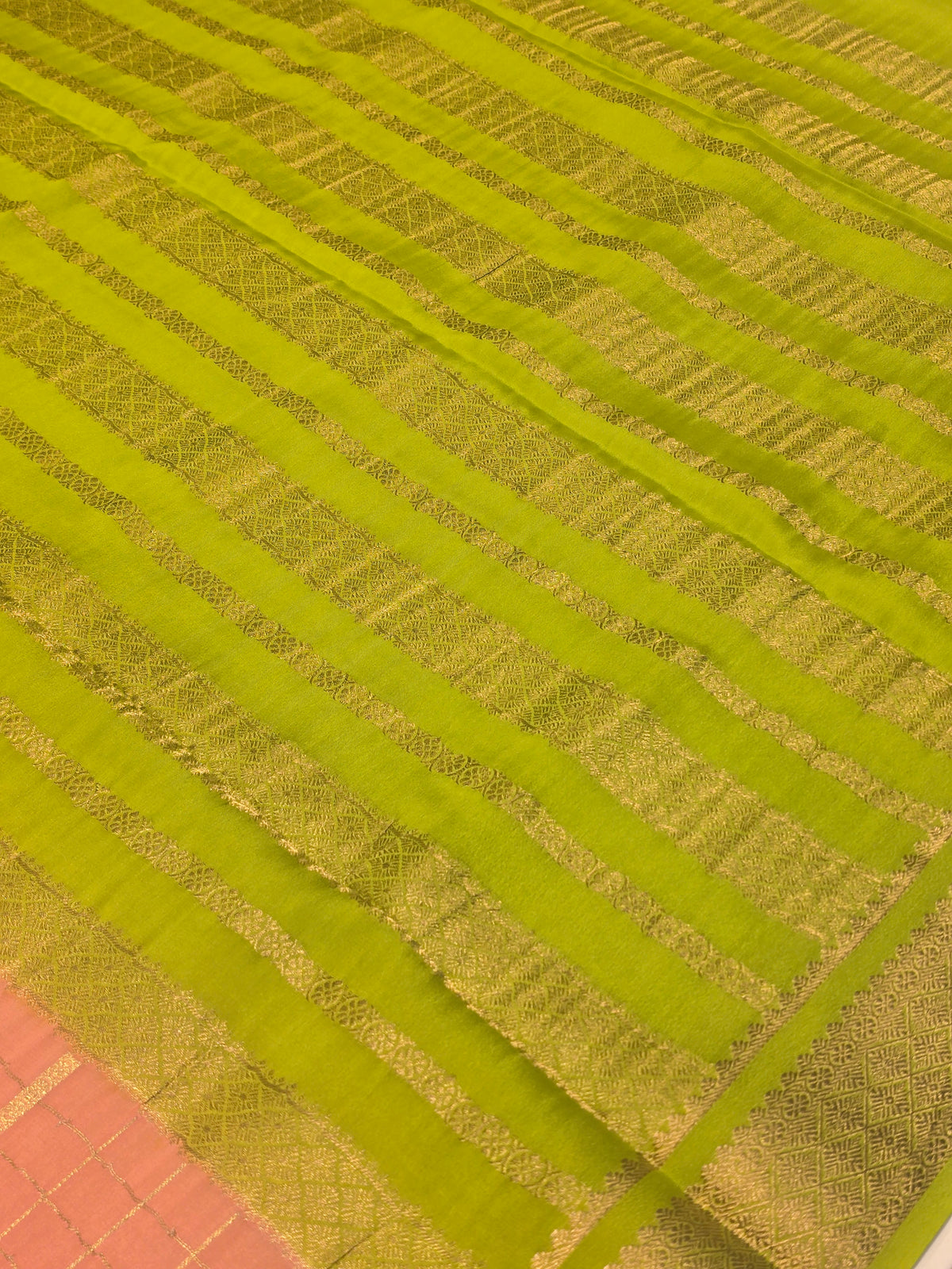 Pure Mysore Crepe Silk Saree in Peach with Contrast Neon Green Border, Pallu & Rectangular Checks