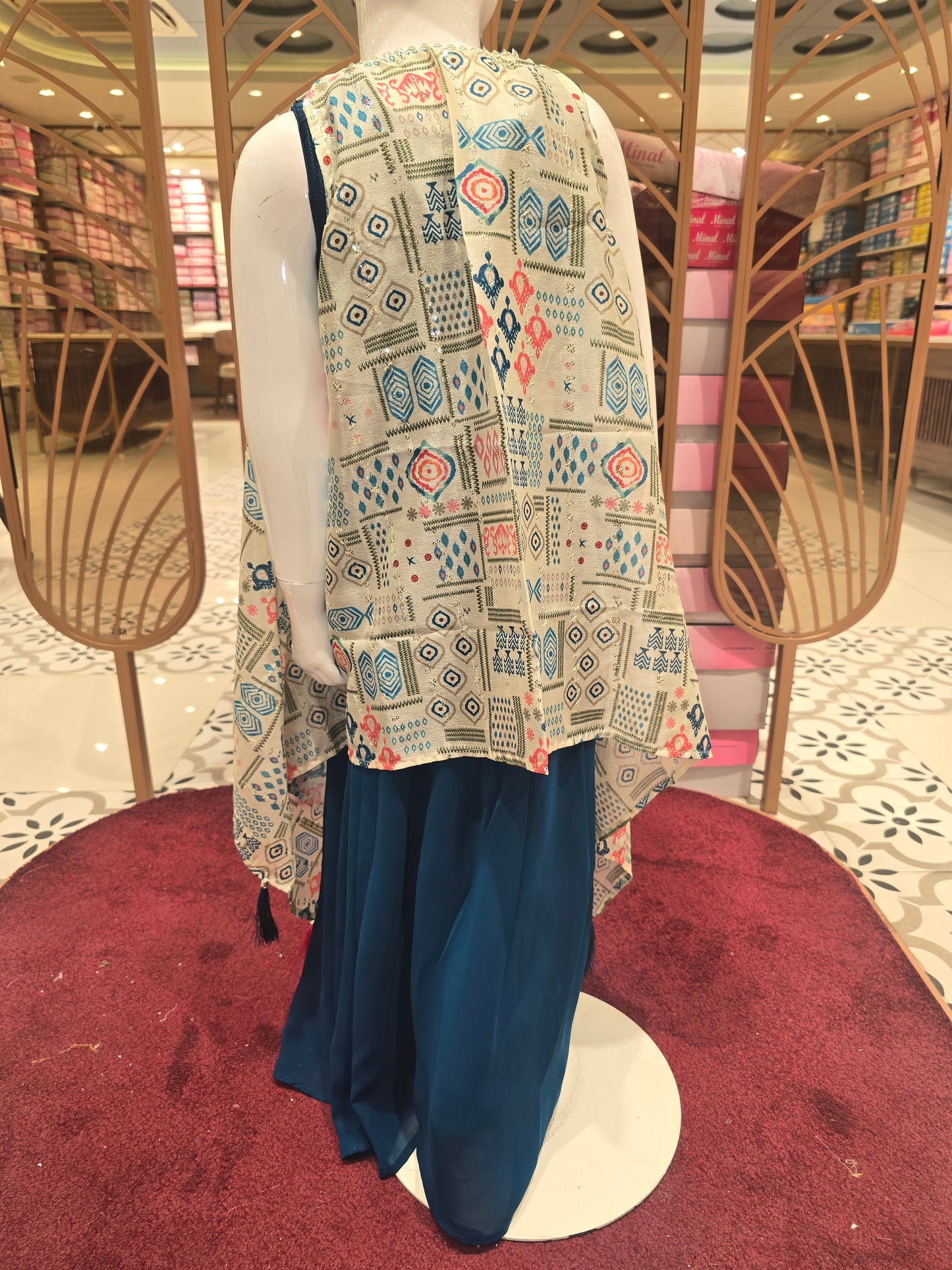 Girl Peacock Blue Crepe Mirror Work Plazo Set