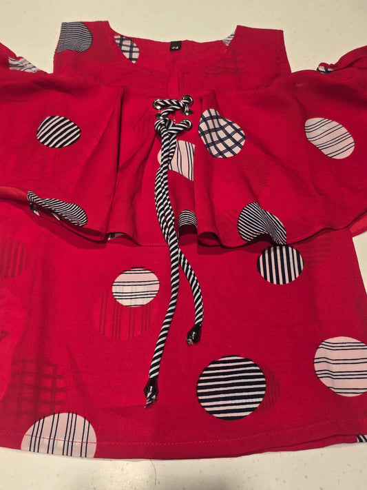 Cotton material red color western cool shoulder top with polka dots