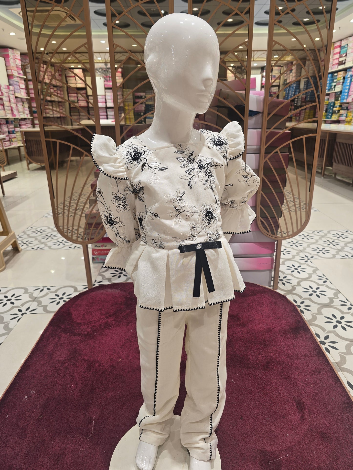 Half White Cotton Western Wear Set with Embroidery & Sequence Work, Bow Waist – 3 Piece Party Wear