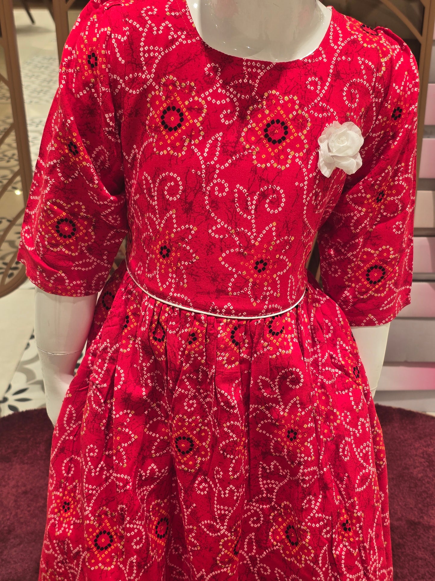 Girls Red Cotton Bandhini Print Western Set