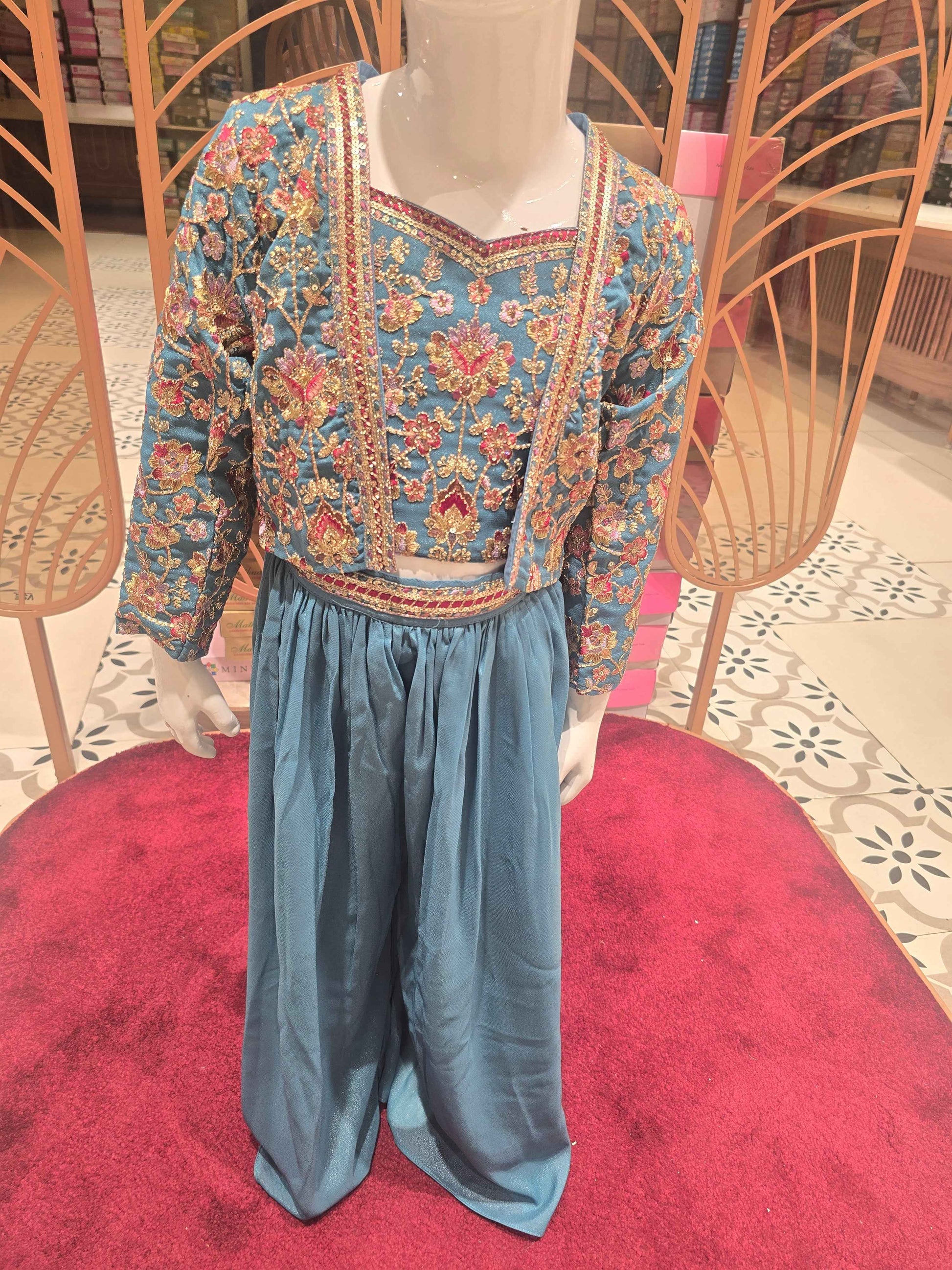 Crepe material grayish blue color sharara set with embroidery work on inner & jacket