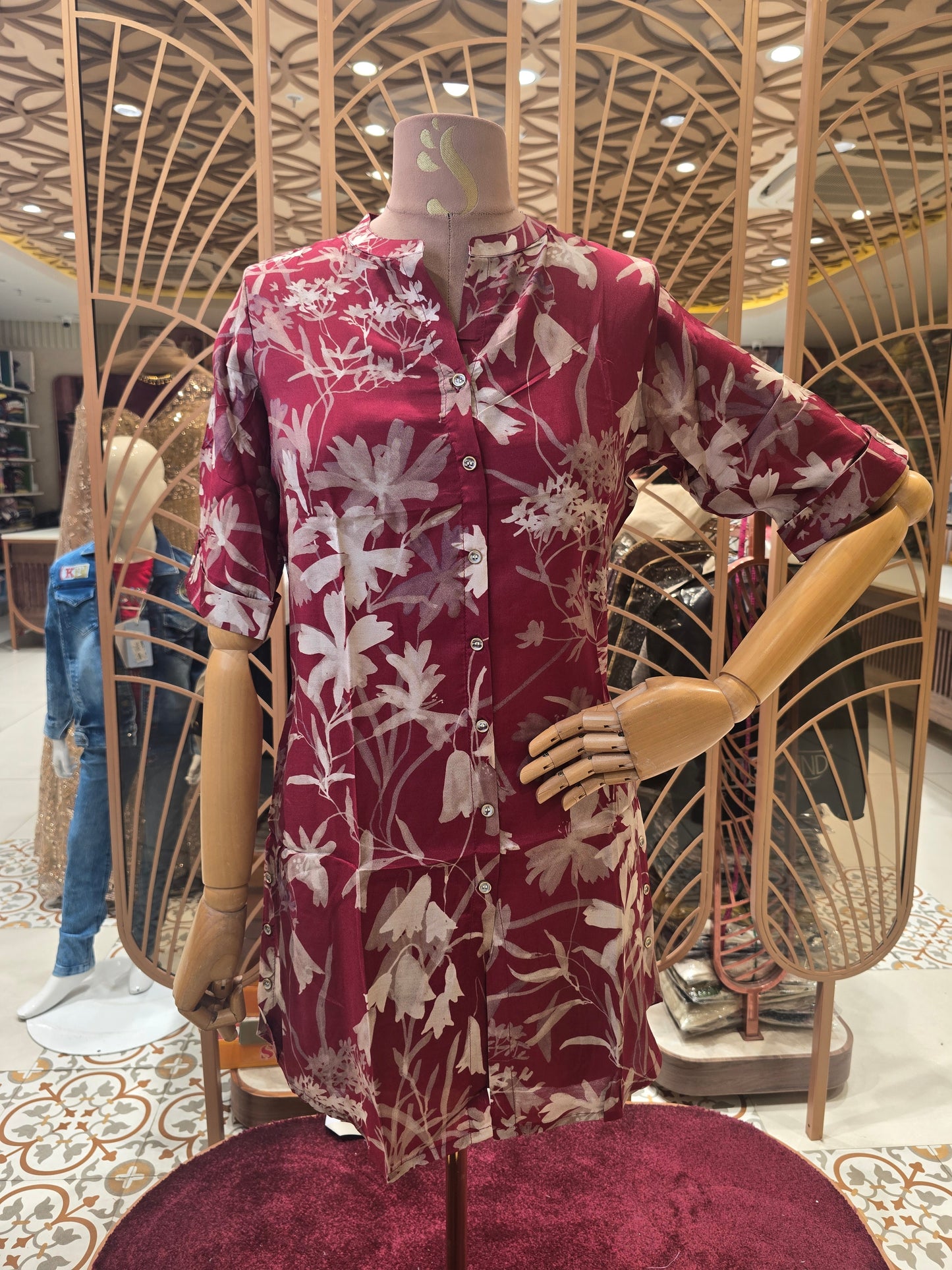 Women’s Rayon Straight Kurta in Maroon with Floral Printed Design, ¾th Sleeves and Collar Neck with Buttons for Daily and Casual Wear