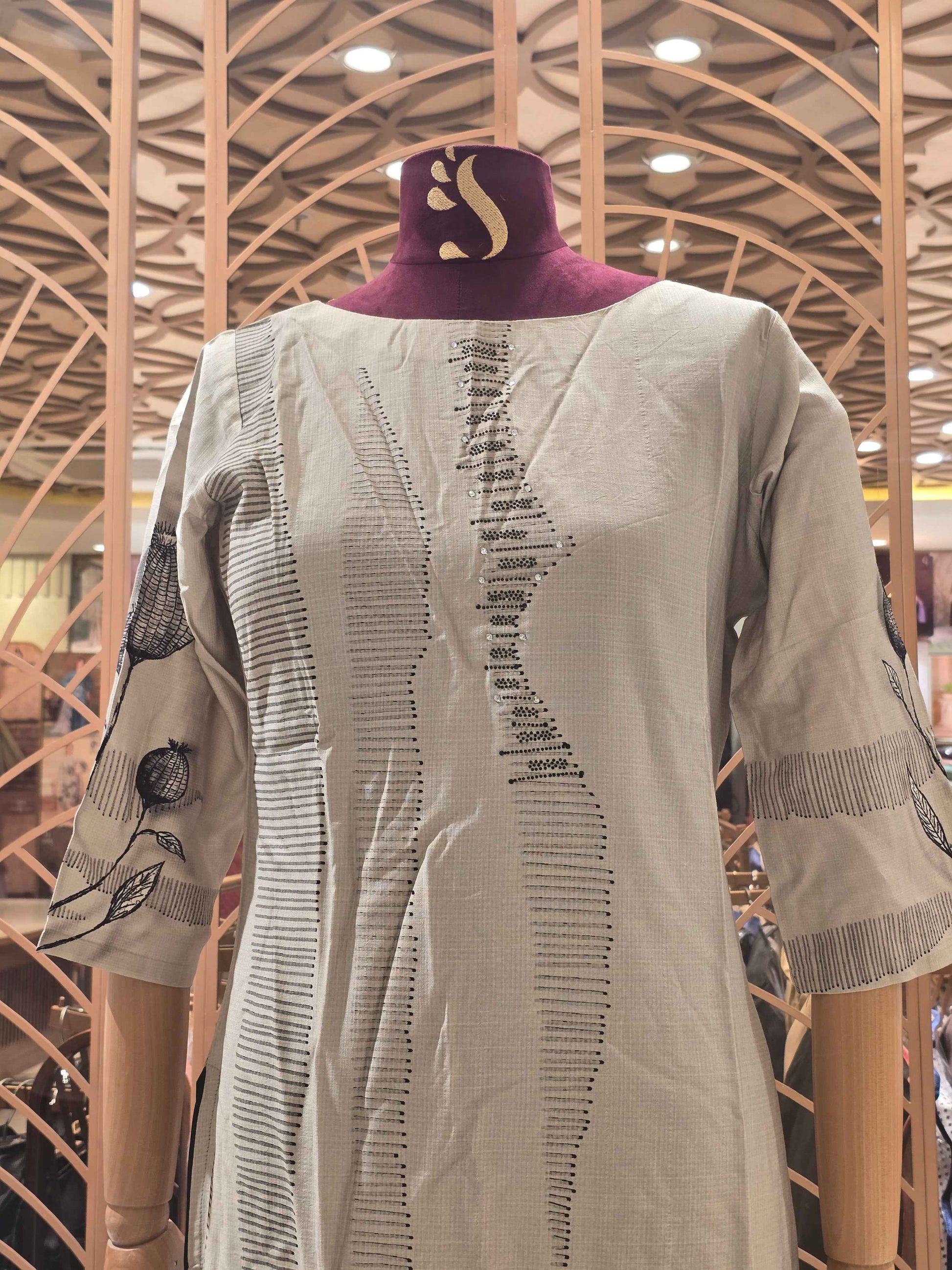 Lenin material beige color with balck prints kurti top with round neck