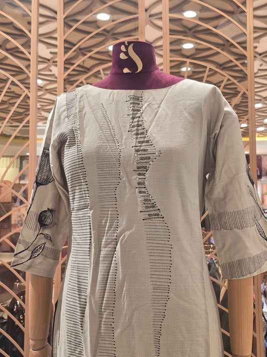 Lenin material beige color with balck prints kurti top with round neck