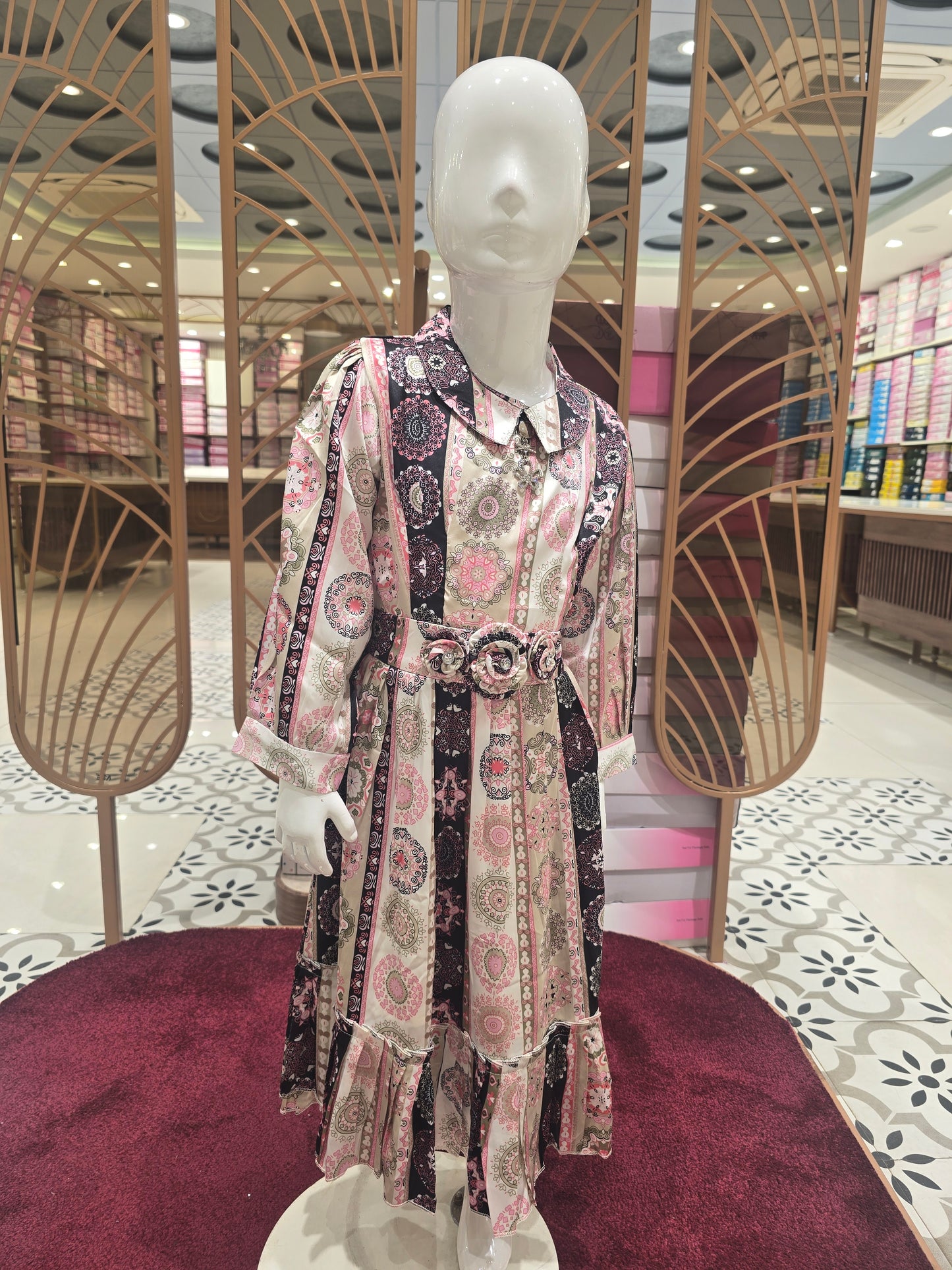 Girls Rangavali Print Satin Short Frock with Collared Neck and Three-Quarter Sleeves