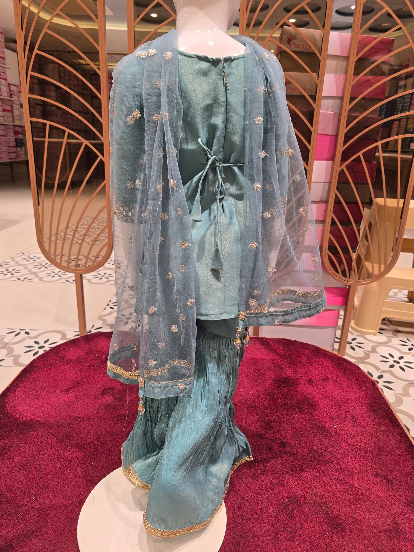 Girls Firozi Blue Tissue Sharara Set with Handworked Neck and Zari Dupatta