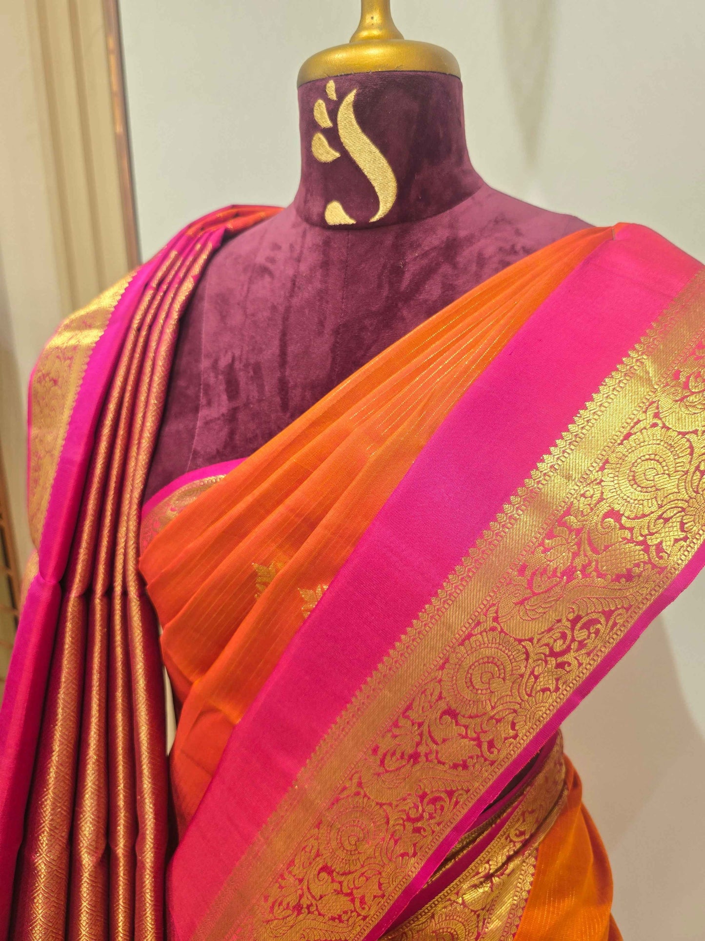 Handloom pure Kanjivaram silk saree orange with pink colour and bentex border