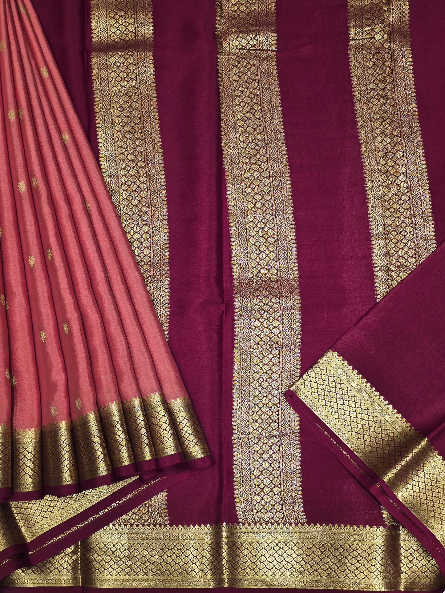 Peach Maroon Pure Mysore Crepe Silk Saree