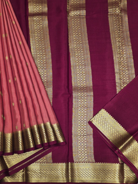 Peach Maroon Pure Mysore Crepe Silk Saree