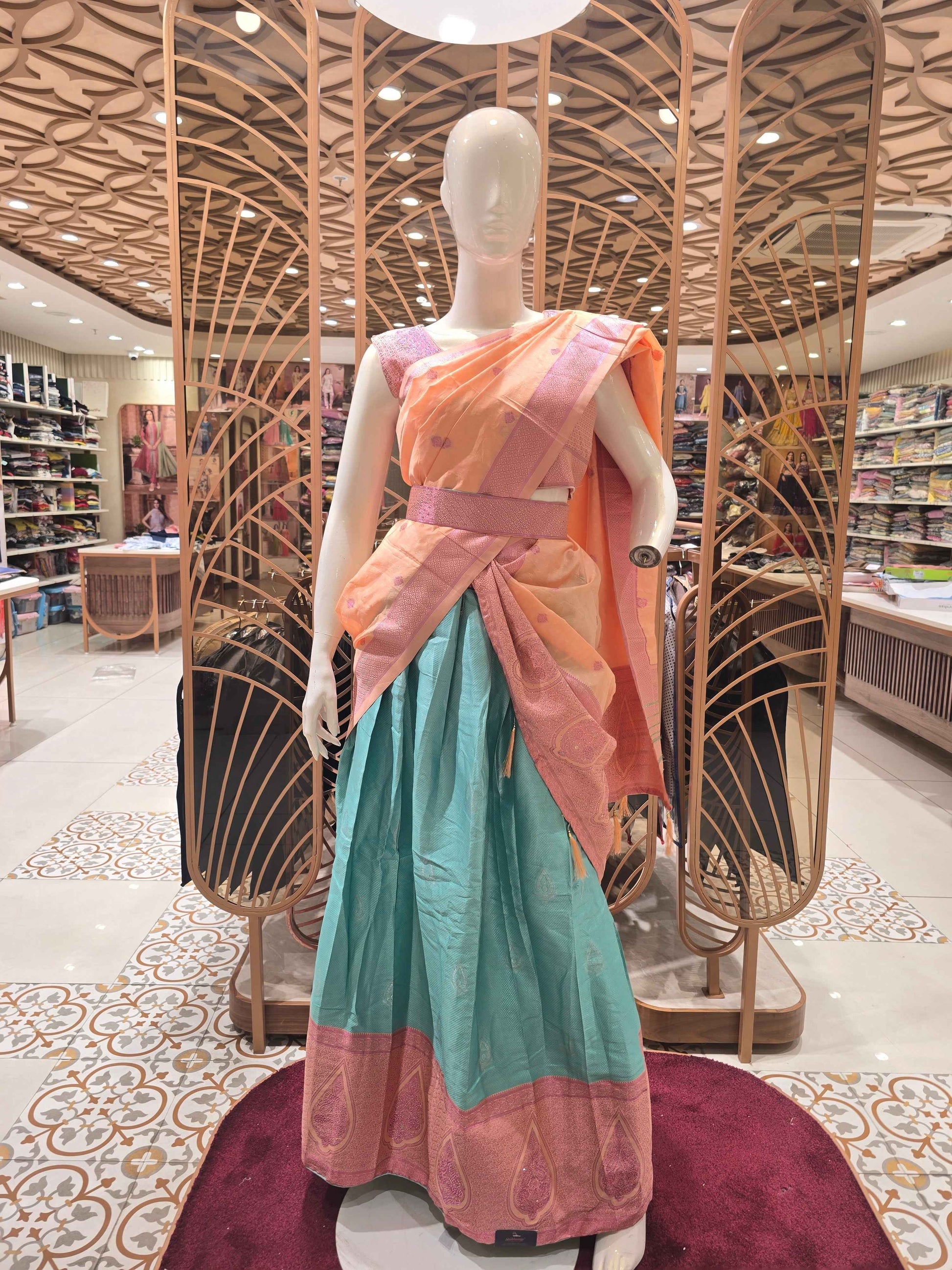 Semi silk material peach with sky blue colour traditional lehenga for women