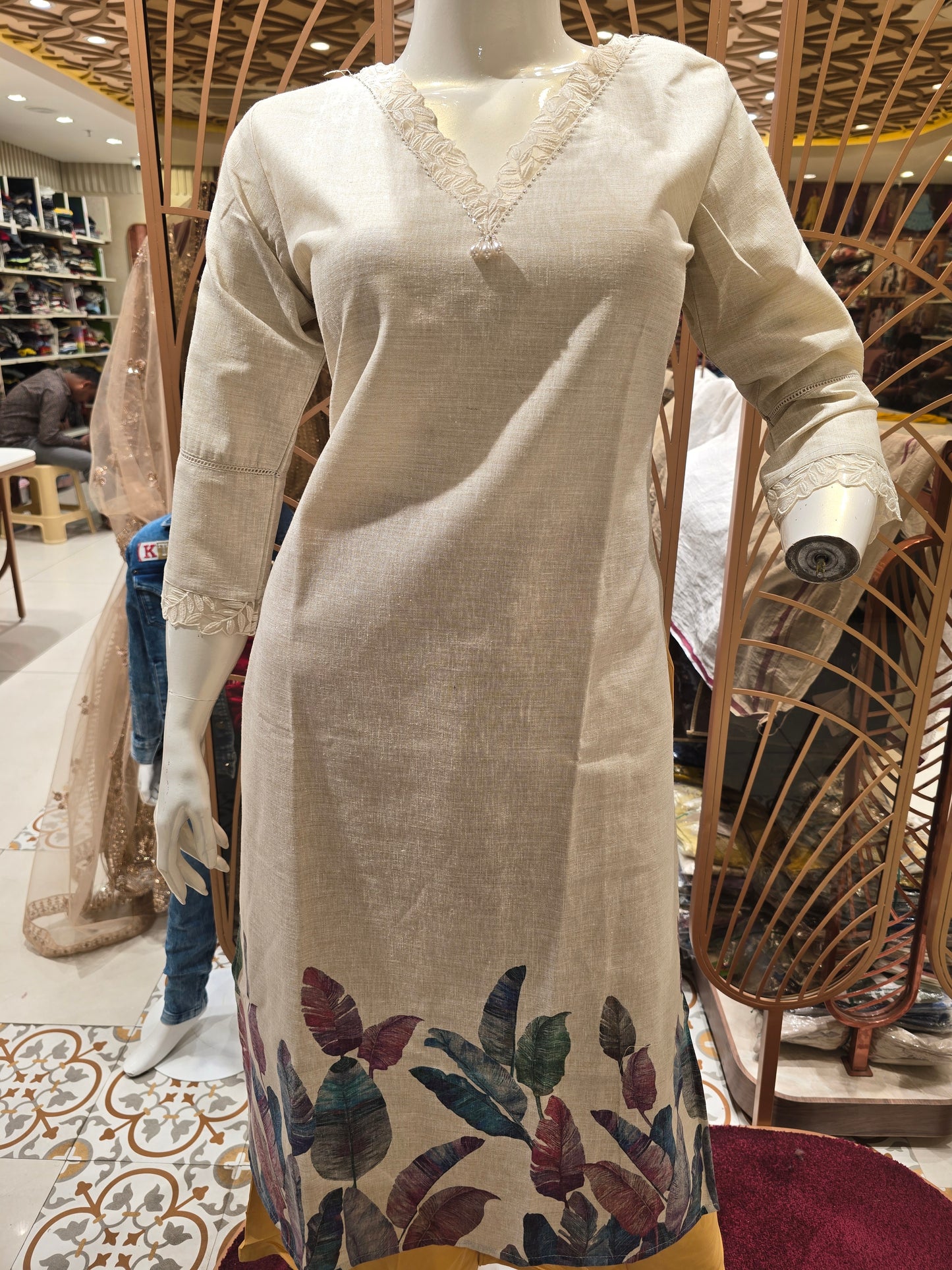 Women Ivory Cream Linen Cotton Straight Top