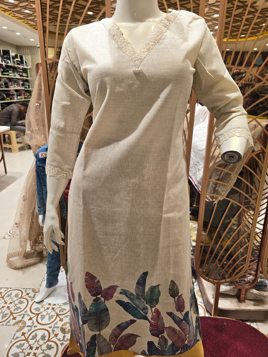 Women Ivory Cream Linen Cotton Straight Top