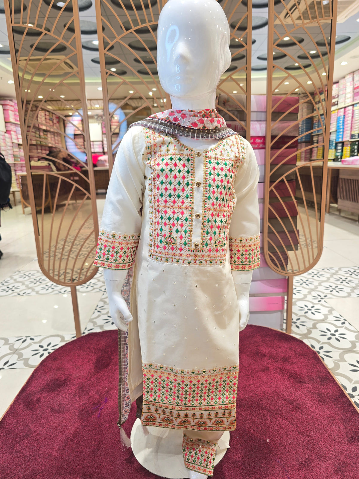 Girls Off White Chanderi Silk Straight Kurta Set